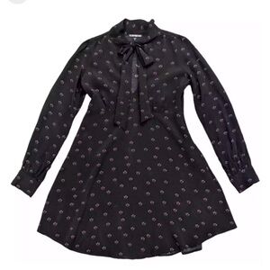 Express black w/flowers bow tie mock neck knee length dress long sleeves Small